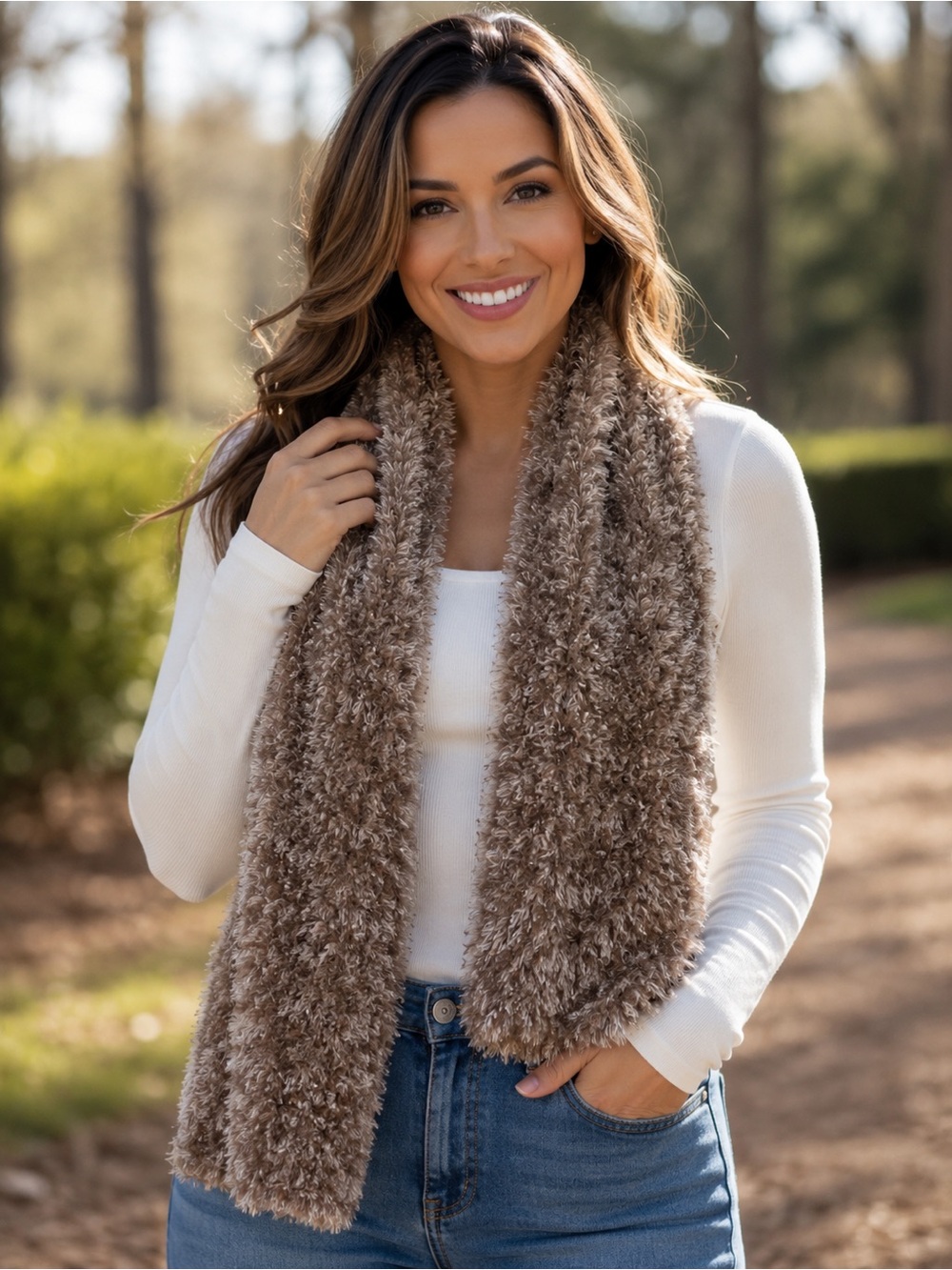 Cejon Faux Fur Eyelash Knit Long Winter Scarf - O/S